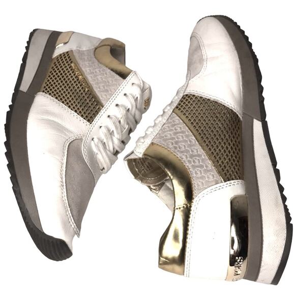 MICHAEL KORS SNEAKERS SHOES WHITE AND GOLD LEATHER AND FABRIC WOMENS SIZE 8.5 - Picture 2 of 14